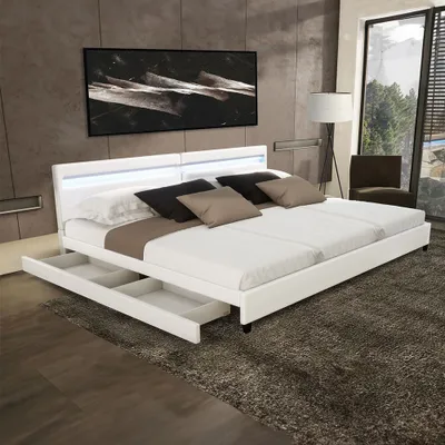 Produktbild von HOME DELUXE - LED Bett NUBE - Weiß, 270 x 200 cm - inkl. Matratze, Lattenrost und Schubladen I Polsterbett Design Bett inkl. Beleuchtung