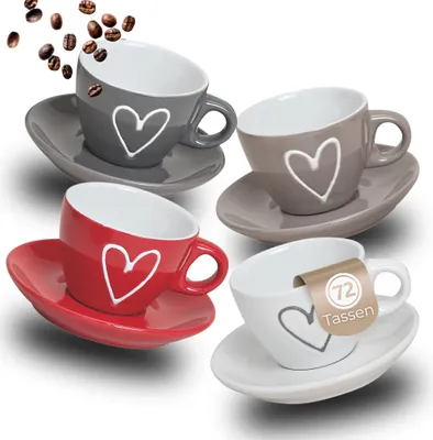 Productafbeelding van Espressokopjes met hartdecoratie, 72 stuks. Dikwandige keramiek, 50 ml