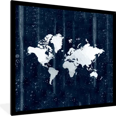 Produktbild von MuchoWow® MuchoWow® Gerahmtes Poster Weltkarte - Blau - Sternenhimmel 40x40 cm - Poster mit zchwarzem Bilderrahmen - Mit Rahmen - Wanddekoration Schlafzimmer