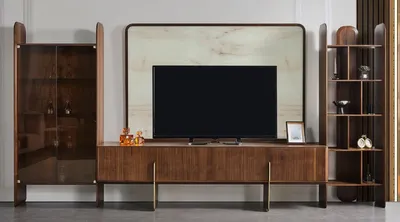 Produktbild von Casa Padrino Luxus Wohnzimmer TV Schrank Set Braun / Creme / Messing - 1 TV Schrank & 1 TV Rückwand & 1 Vitrine & 1 Regalschrank - Wohnzimmer Möbel - Massivholz Möbel - Luxus Möbel