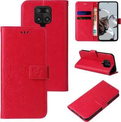 Produktbild von Handyhülle für Xiaomi Redmi Note 9 Pro Floral Blumen Schmetterling Flip Cover Hülle Case Klapphülle Handytasche Farbe: Rot
