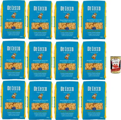 Produktbild von De Cecco Mezzi Ditali Lisci Nr. 158, Pasta 12 x 500 g, langsames Trocknen, hochwertiges Hartweizengrieß, 10 min kochen (al dente 8), ideal für Suppen & Minestrone + Italian Gourmet Polpa 400 g