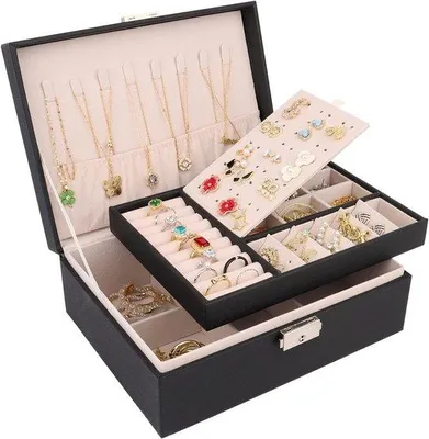 Produktbild von Famanu Schmuckschatulle mit 2 Ebenen - für Ringe, Ohrringe, Halsketten und Uhren, mit Schloss und Schlüssel