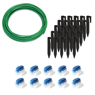 A collection of items for garden wire installation, including a coil of green wire, black stakes, and white and blue wire connectors, arranged on a white background.