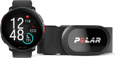 A smartwatch and a heart rate sensor are displayed against a white background.