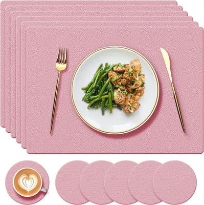 Image de Lot de 6 sets de table et sous-verres en silicone, couleur rose, résistants à la chaleur jusqu'à 230°C, lavables, pour la cuisine