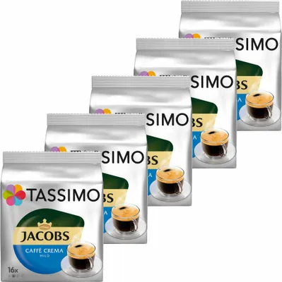 Produktbild von Tassimo Jacobs Caffè Crema Mild, Kaffee, Kaffeekapsel, gemahlener Röstkaffee, 5er Pack, 5 x 16 T-Discs
