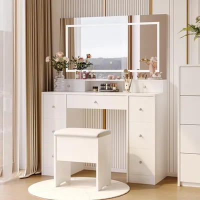Produktbild von UnboxG Schminktisch mit LED-Beleuchtung, Schminktisch mit Spiegel, 3 Farben, Helligkeit einstellbar Kosmetiktisch mit Spiegel und 2 Schubladen & Hocker, modern, Weiß
