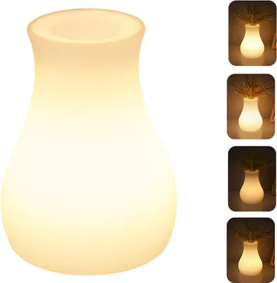 A large, illuminated vase-shaped lamp is shown on the left, with four smaller images on the right showing the lamp with different light intensities and a plant inside.