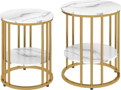 Produktbild von 45x45x55cm Couchtisch Rund 2er Set Beistelltisch Mit Ablage Stahlrahmen Marmoroptik Kaffeetisch Weiss Wohnzimmertisch
