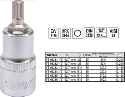 Produktbild von Yato YT-04343, 1 Stück(e), 12-Kerben-Flansch, M10, Chrom-Vanadium-Stahl, Stahl, 55 mm, 25,4 / 2 mm (1 / 2")