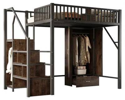Image de Lit superposé - Métal et bois - 140 x 200 cm - Barre de sécurité - Armoire avec tiroirs - Étagère de rangement - Noir