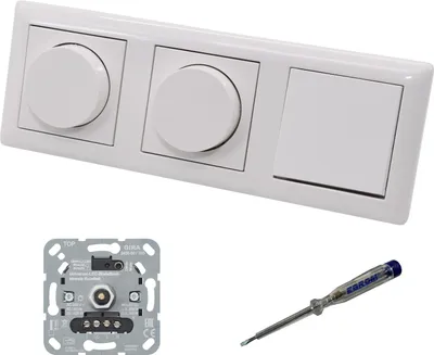 Produktbild von GIRA 245500 (2 x) LED Drehdimmer Dimmer + Dimmerscheiben Zentralscheiben 065003 und Lichtschalter 010600 in System55 reinweiß glänzend inklusive EBROM Phasenprüfer zur Montage der Geräte