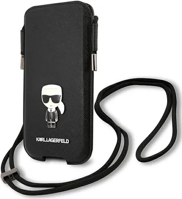 A black phone case with a Karl Lagerfeld character design and a lanyard.