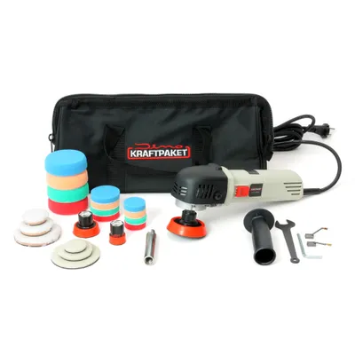 Produktbild von 710W Dino KRAFTPAKET Rotations Poliermaschine stufenlos XXL-Set mit 3 x Stützteller (30mm, 50mm ,75mm), Verlängerungsadapter Tasche für Auto KFZ Boot