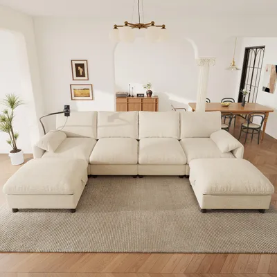 Produktbild von Merax U-Form Modulares Ecksofa, 6 Sitzer Wohnlandschaft Mit 2 Hockern Stauraum, USB Type C, Handyhalter, Chenille Soffa, Couch, Beige