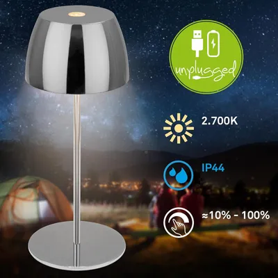 Immagine prodotto di Briloner Serina Mini lampada da tavolo LED senza fili IP44, dimmerabile, touch, protezione dagli spruzzi d'acqua, batteria, cromo, Ø8 x 20 cm