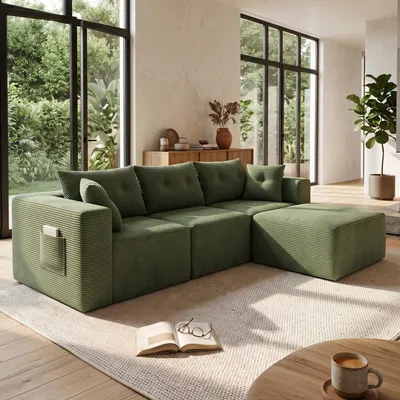 Produktbild von 254cm Modulares Ecksofa, Cordsofa mit Taschenfederkern 3-Sitzer mit Hocker und 5 Kissen, kein Aufbau erforderlich, kompakt für Wohnzimmer,Schlafzimmer