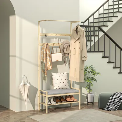 Productafbeelding van Sweiko garderobe met schoenenbank, kledingrek, 10 kledinghaken, schoenenopslag, bamboe