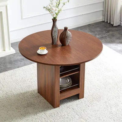 Immagine prodotto di Tavolo rotondo da pranzo owish con due vani a giorno, per 2-4 persone, tavolo da cucina, stile moderno, ideale per piccoli appartamenti, in legno di noce
