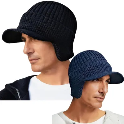 Produktbild von Strickmütze mit Ohrenklappen und Schirm Herren Einheitsgröße Schwarz+blau 2 Stück
