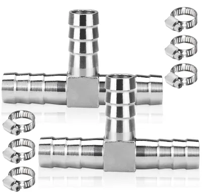 2er Set Edelstahl-Schlauchtülle T-Stück 12 mm mit Klemmen