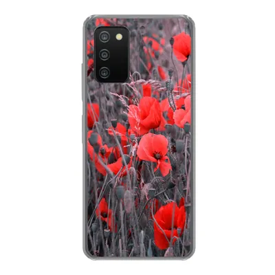 Produktbild von MuchoWow® Handyhülle Schutzhülle Hülle für Samsung Galaxy A03s Rote Mohnblumen in einem Schwarz-Weiß-Bild Silikon Softcase Handy Hülle - Schutz