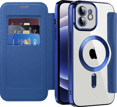 Immagine prodotto di Custodia per iPhone 12 compatibile con MagSafe, custodia trasparente con portacarte, custodia in pelle con protezione della fotocamera blu
