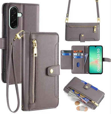 Produktbild von Handykette für Samsung Galaxy A26 Hülle mit Band Handyhülle Kartenfächer Kunstleder Umhängetasche in Grau