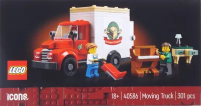 A LEGO Icons Moving Truck set is displayed on a black background, with the product packaging visible at the bottom.