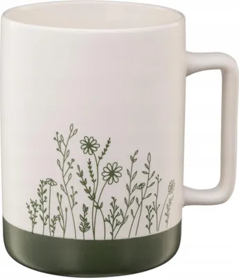 Produktbild von Porzellanbecher 405 ml weiß-grün mit Feldblumenmotiv, großer Henkel, spülmaschinenfest