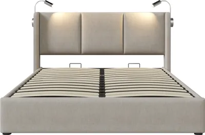 Produktbild von Merax Polsterbett 140x200cm mit Bettkasten ohne Bodenplatte, Leinen Hydraulisches Boxspringbett mit Leselicht und USB Ladefunktion, Funktionsbett Doppelbett Stauraumbett, Beige