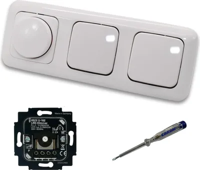 Produktbild von Busch Jäger 6523U-102 LED Drehdimmer Dimmer + Dimmerscheibe 2115-214 und 2 x Kreuzschalter 2000/7 US in Reflex Si alpinweiß glänzend inklusive EBROM Phasenprüfer zur Montage der Geräte 6523 U – 102