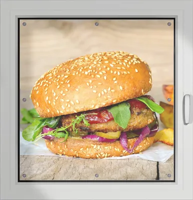 Produktbild von Wallario Lichtschutzbild, Dekorativer Sichtschutz Sonnenschutz 96 x 100 cm mit Motiv: Burger mit frischem Salat und Pommes - Verdunklung ohne Bohren