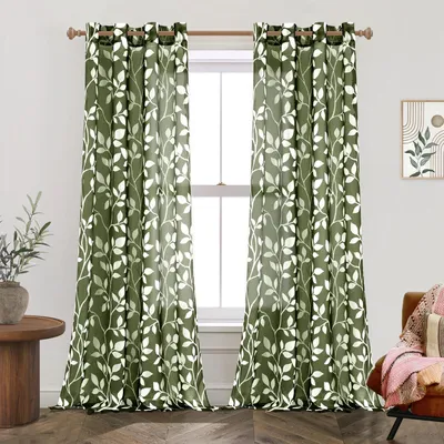 Voile-Gardinen mit Blattmuster, olivgrün, 140x200 cm, 2er-Set