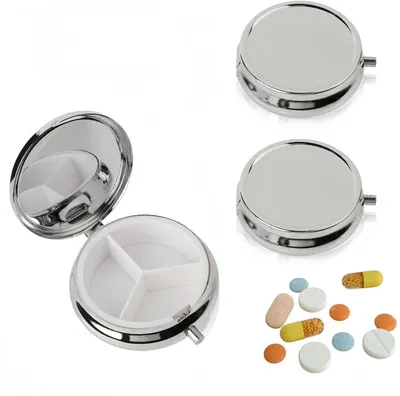 Image de Organisateur de pilules, lot de 2, forme ronde, avec miroir, 3 compartiments, métal, argenté