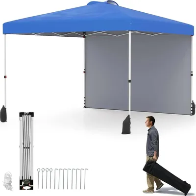 Immagine prodotto di Gazebo da giardino - Tenda pieghevole pop-up - Pieghevole - Con 1 parete laterale - Regolabile in altezza - Borsa con rotelle - Tessuto Oxford - Blu