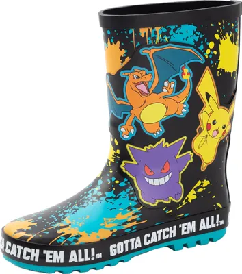 A pair of children's rain boots with Pokemon characters printed on them.