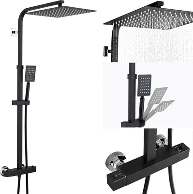 Obrázek produktu pro Sprchové sloupy s termostatem Černý sprchový systém Sprchový sloup s 12palcovou (cca 30 cm) dešťovou hlavicí, ruční sprchou a nastavitelnou sprchovou tyčí Sprchová armatura Sprchový systém proti opaření