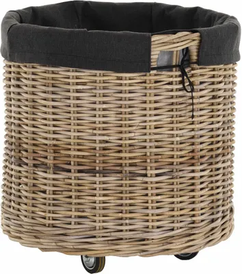 Produktbild von KRINES HOME Großer Rollkorb mit Griffen / Holzkorb mit Rollen aus grauem Natur Rattan / Aufbewahrung Holz-Wagen Räder Kaminholz-Korb Kamin Allzweck-Korb mit Inlett (Rund)