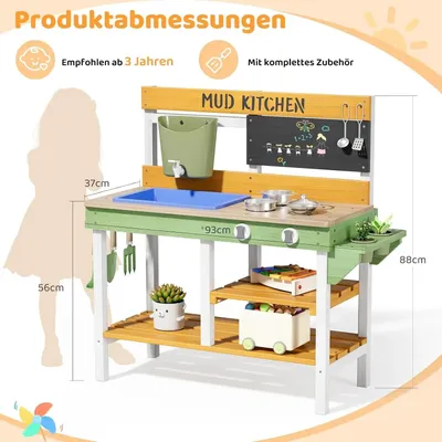 Image de Cuisine d'extérieur en bois pour enfants - Ensemble de cuisine ludique - Dimensions : 93 x 37 x 88 cm - Roulettes - Robinet fonctionnel - Jardinières - Tableau noir - Accessoires