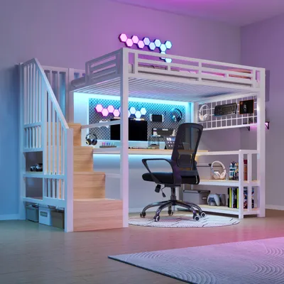 Image de Lit superposé Flieks 90 x 200 cm avec bureau et tiroir, lit mezzanine avec escalier et barrière de sécurité, lit d'enfant en métal avec LED et étagère, blanc