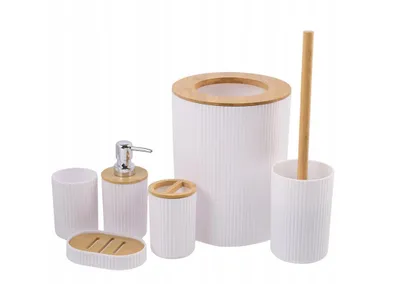 Produktbild von Badzubehör Set 6-teilig Weiß & Bambus | Modernes Badezimmer Accessoires Set geriffelt