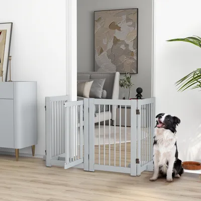 Zdjęcie produktu dla Bramka ochronna PawHut Dog Gate, wolnostojąca, z nóżkami, 204 x 75 cm, drewniana, bramka dla psa, bramka schodowa, bramka drzwiowa, bramka schodowa, do kuchni, korytarza, 4 panele, jasnoszara