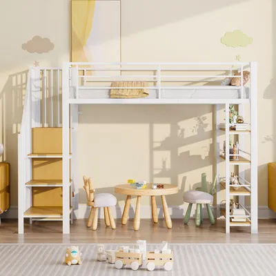 Imagen del producto de Cama nido de 90x200 con escalera de seguridad y espacio de almacenamiento, cama nido con pequeño armario y estanterías integradas, cama infantil con barandilla alta, color blanco