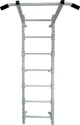 A white wall-mounted pull-up bar and climbing frame.
