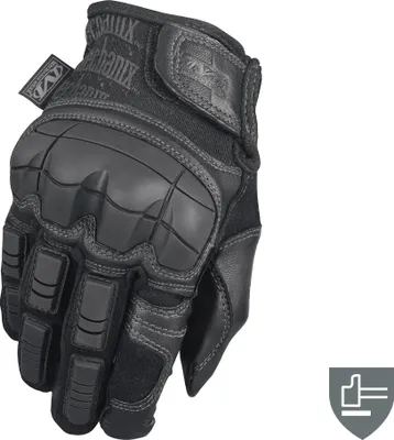 A black Mechanix glove is shown against a white background.