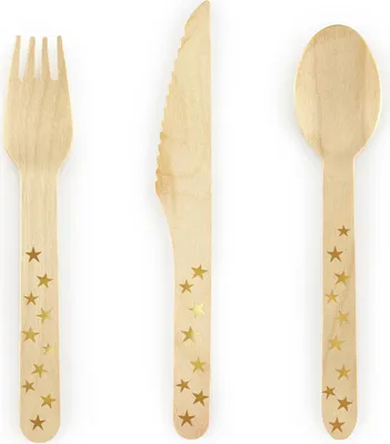 Produktbild von Holzbesteck Sterne, gold, 16cm (1 Packung / 18 Stk.)