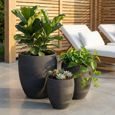 Immagine prodotto di Milani Home - set di 3 vasi per piante rotondi in fibra sintetica, grigio scuro, per interno esterno giardino e terrazzo