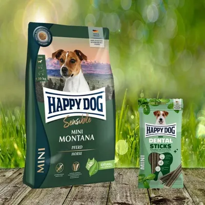 Produktbild von Happy Dog Supreme Mini Montana 4 kg + Happy Dog Dental Snacks Dental Sticks Mini *geschenkt*